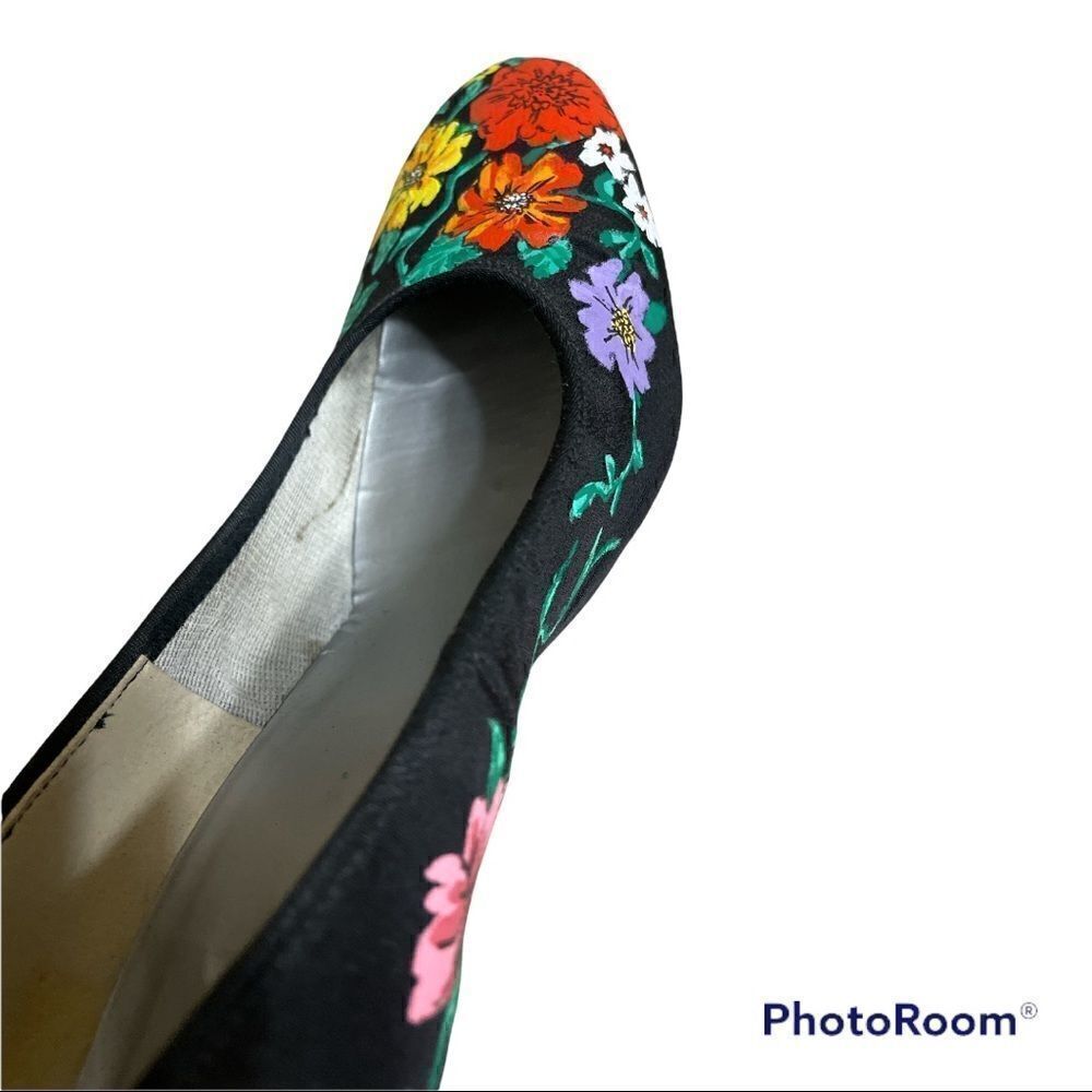Vintage  80’s Floral Hand Painted Grosgrain fabric Black Heeled Pumps size 7 - Picture 12 of 12